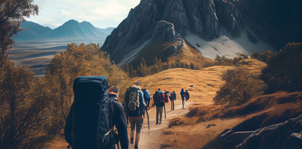 Hiking men conquer mountain peak, adventure awaits ,generative AI